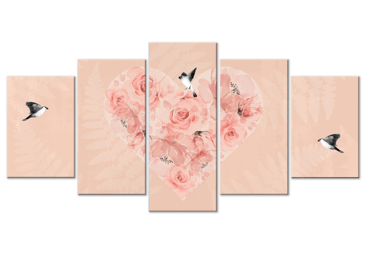 Canvas Rose Heart (5-piece) Wide - flowers and birds on a pink background 142331