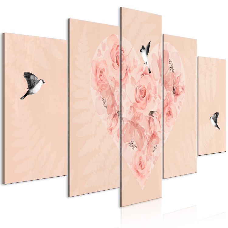 Canvas Rose Heart (5-piece) Wide - flowers and birds on a pink background 142331 additionalImage 2