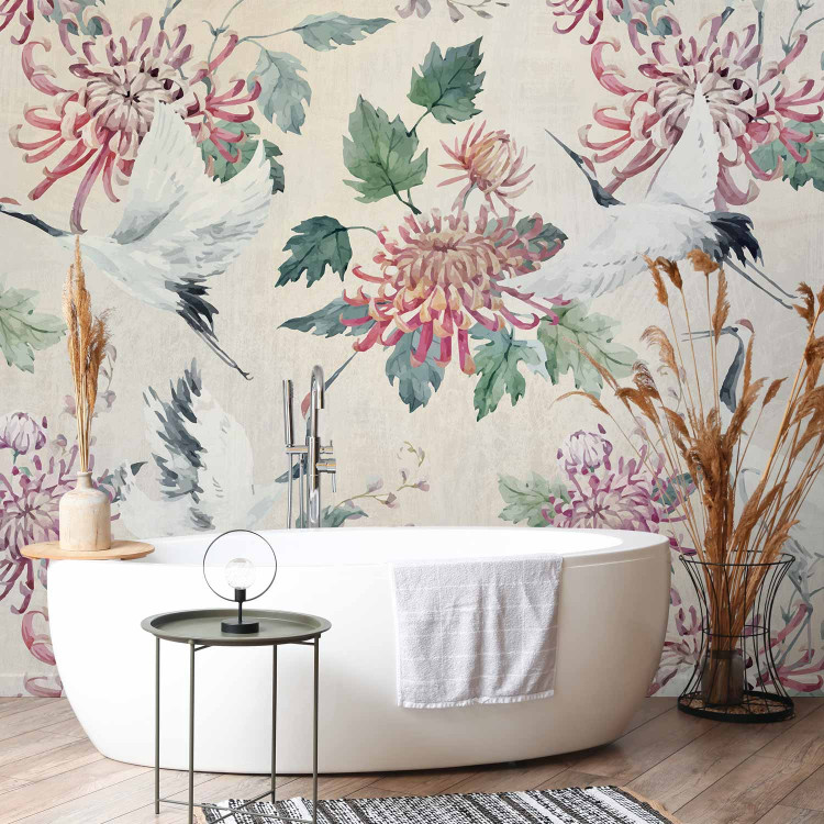 Wall Mural Oriental composition - crane birds motif with flowers and leaves with background 142431 additionalImage 8