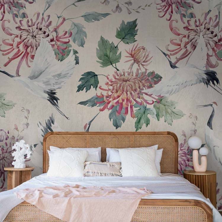 Wall Mural Oriental composition - crane birds motif with flowers and leaves with background 142431 additionalImage 2
