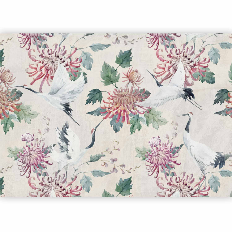 Wall Mural Oriental composition - crane birds motif with flowers and leaves with background 142431 additionalImage 1