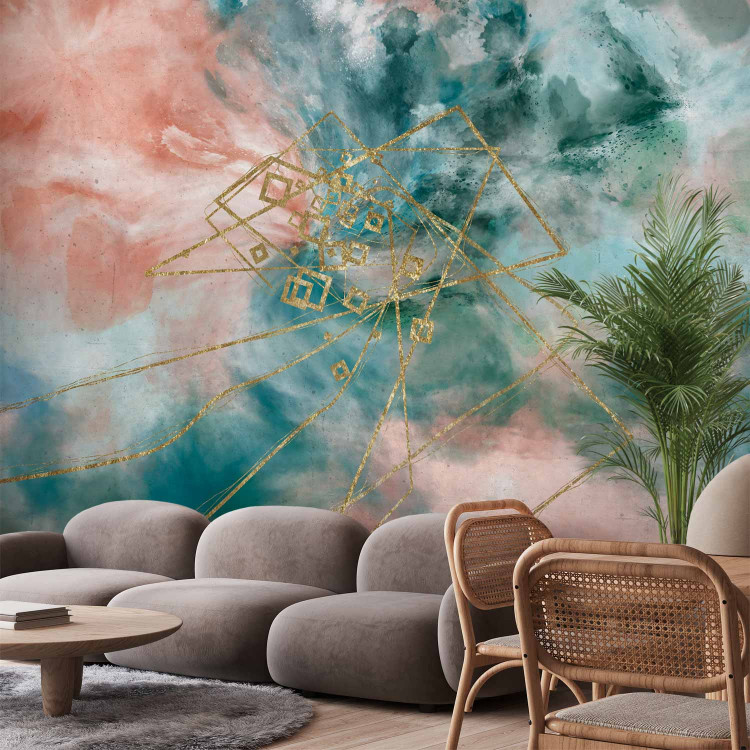 Wall Mural Watercolour clouds - abstract sky in spots with gold pattern 142631
