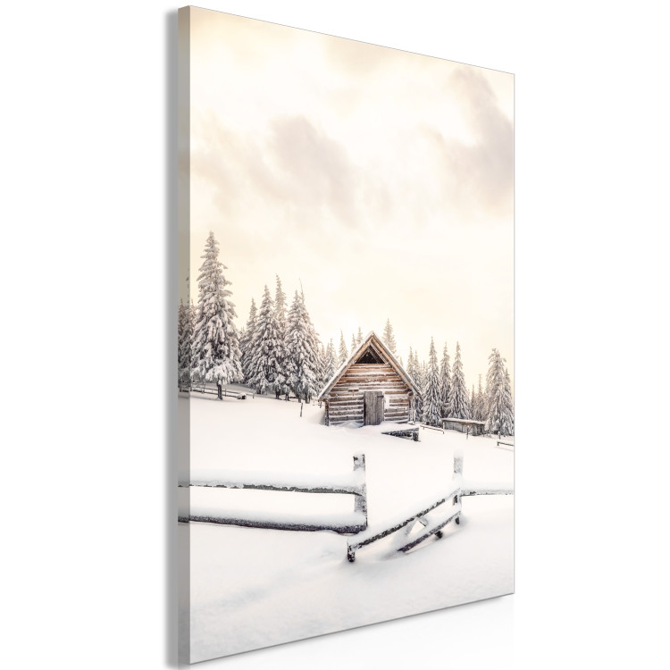 Canvas Art Print Winter Cottage - Sunrise Landscape Over the Forest and Mountain Cottage 148031 additionalImage 2