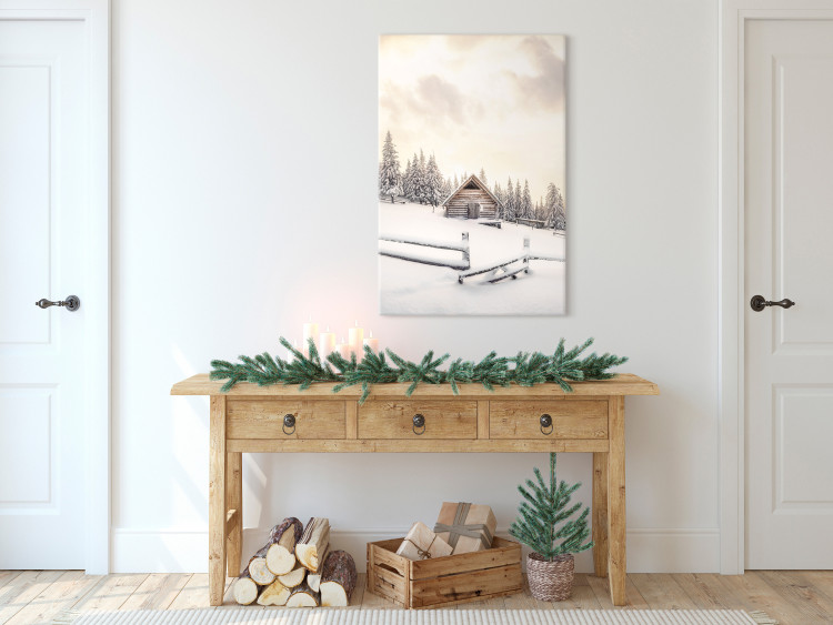 Canvas Art Print Winter Cottage - Sunrise Landscape Over the Forest and Mountain Cottage 148031 additionalImage 3