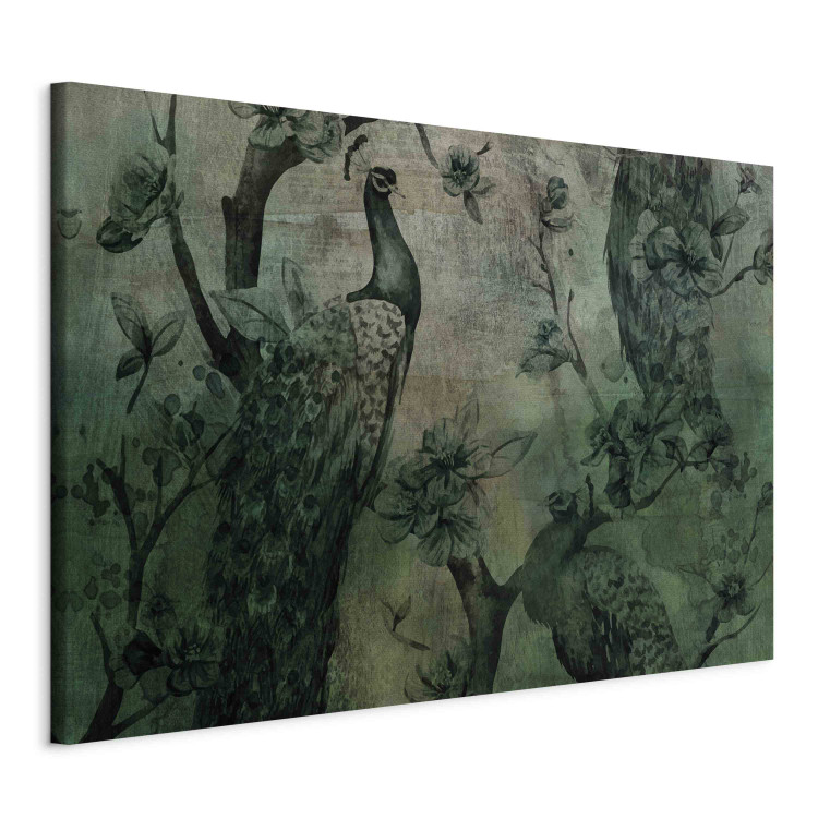 Canvas Print Dark Green Peacocks - Vintage Composition With Birds and Flowers 151231 additionalImage 2