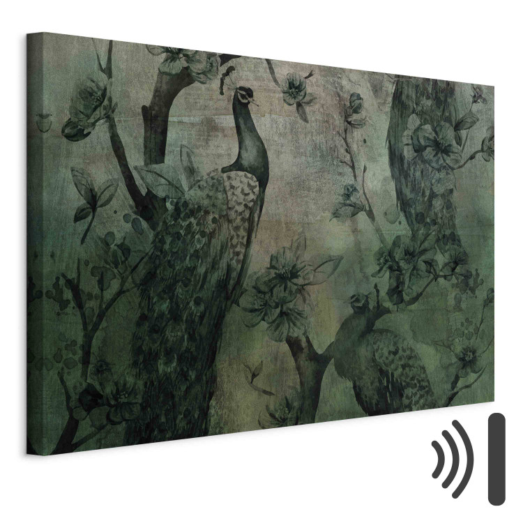 Canvas Print Dark Green Peacocks - Vintage Composition With Birds and Flowers 151231 additionalImage 8