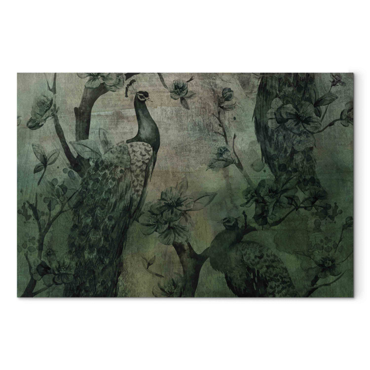 Canvas Print Dark Green Peacocks - Vintage Composition With Birds and Flowers 151231