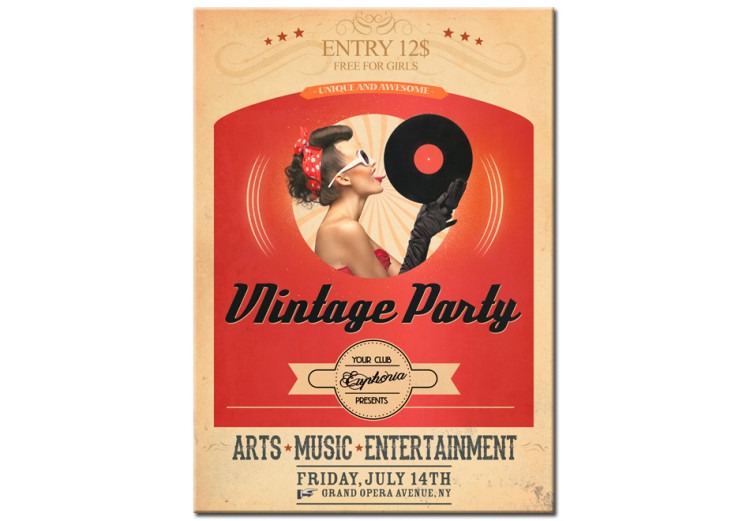 Canvas Print Vintage Party (1-part) - retro writings and woman in pin-up style 55231