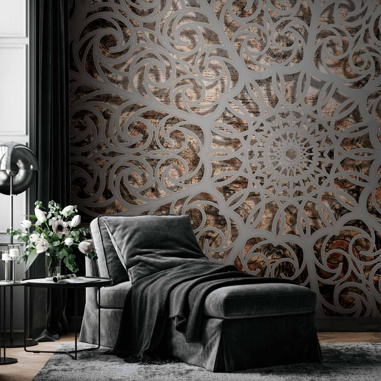 Photo Wallpaper Orient - grey geometrical composition in the mandala type on a beige background 94931