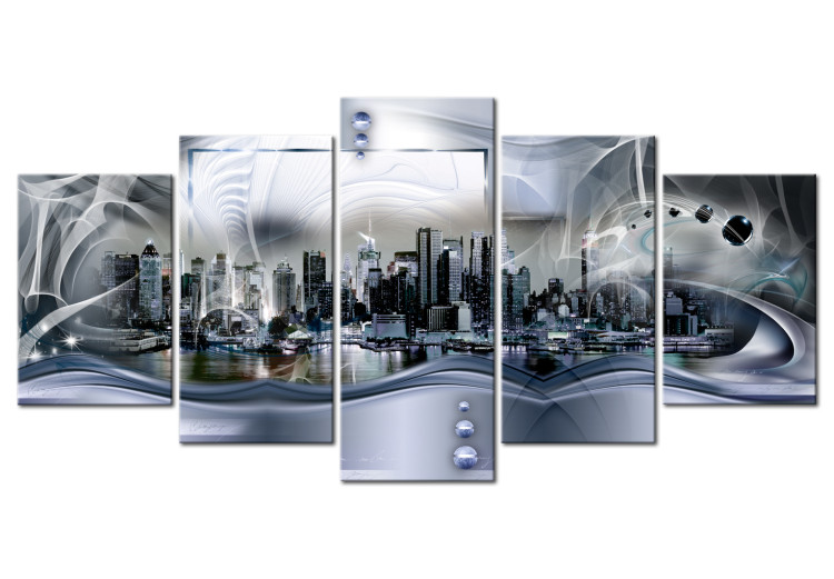 Canvas Print New York: Blue Abstraction (5-piece) - Panorama of a Big City 98231