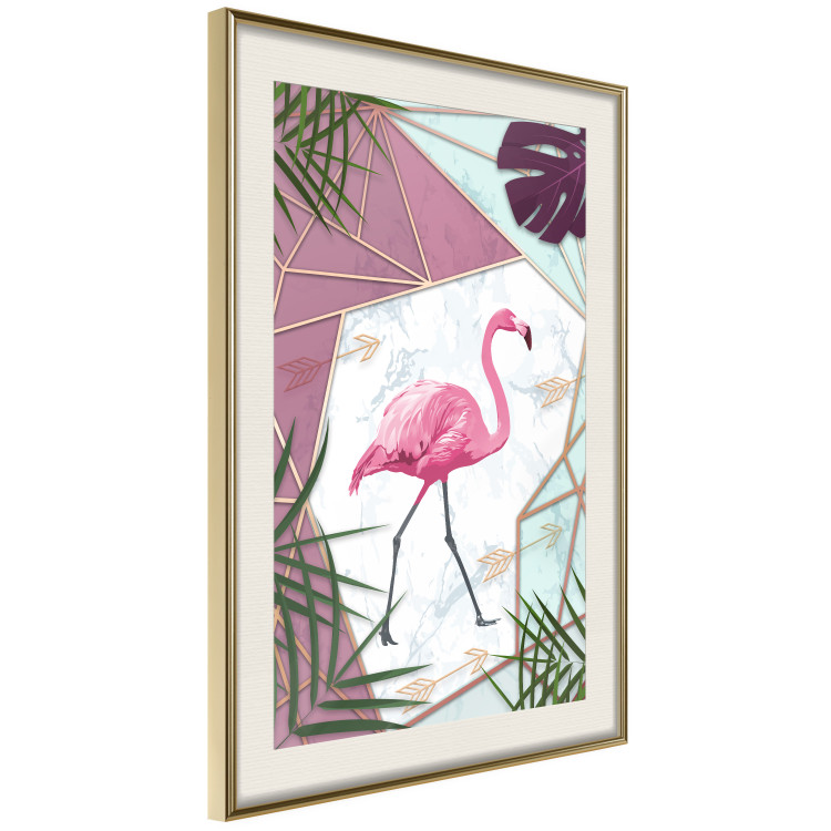 Wall Poster Flamingo Stroll - geometric abstraction with a pink bird and leaves 114441 additionalImage 2