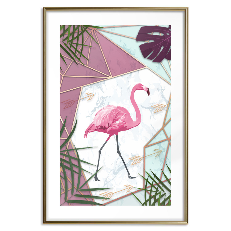 Wall Poster Flamingo Stroll - geometric abstraction with a pink bird and leaves 114441 additionalImage 20