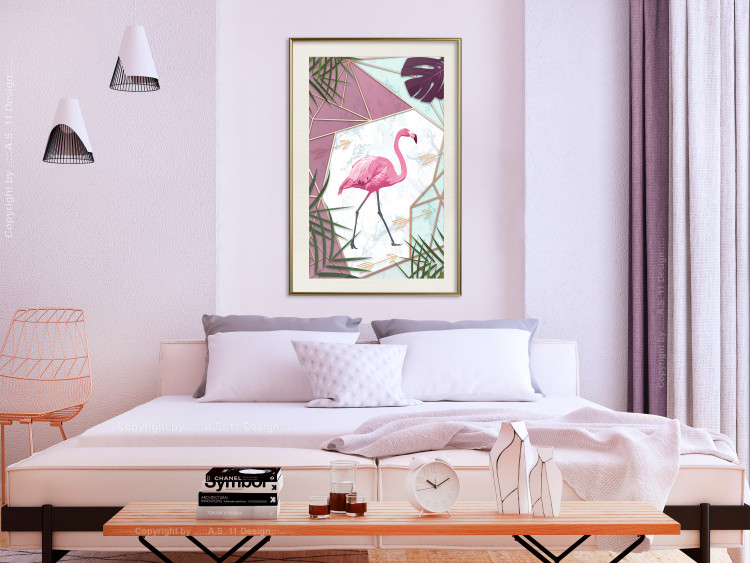 Wall Poster Flamingo Stroll - geometric abstraction with a pink bird and leaves 114441 additionalImage 17