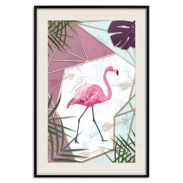 Wall Poster Flamingo Stroll - geometric abstraction with a pink bird and leaves 114441 additionalImage 19