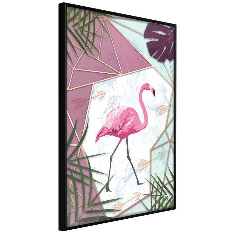 Wall Poster Flamingo Stroll - geometric abstraction with a pink bird and leaves 114441 additionalImage 12