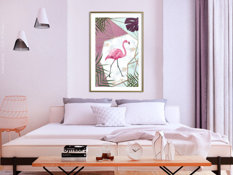 Wall Poster Flamingo Stroll - geometric abstraction with a pink bird and leaves 114441 additionalImage 15