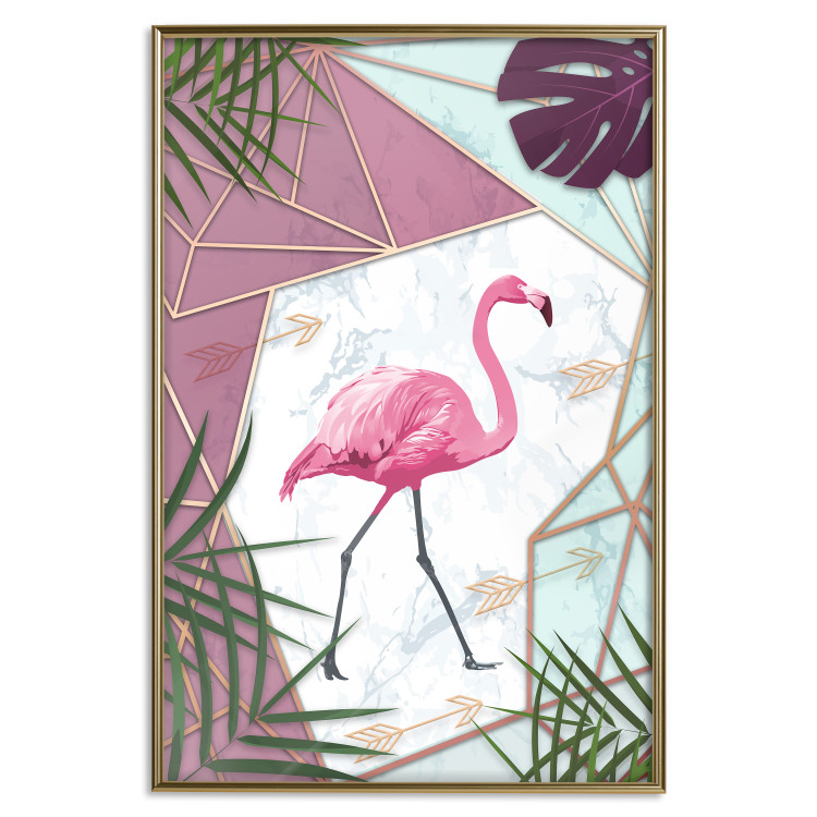 Wall Poster Flamingo Stroll - geometric abstraction with a pink bird and leaves 114441 additionalImage 26