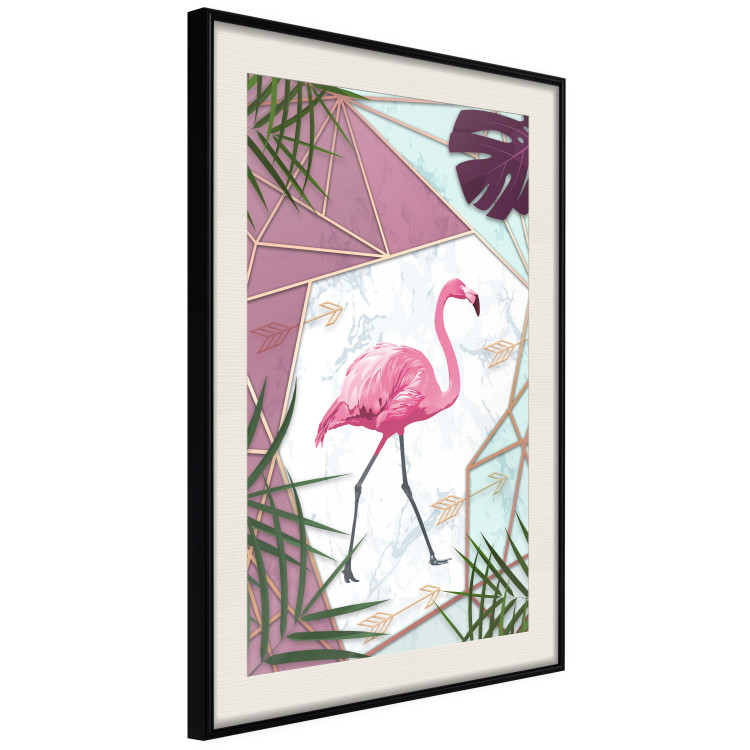 Wall Poster Flamingo Stroll - geometric abstraction with a pink bird and leaves 114441 additionalImage 3