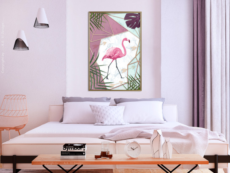 Wall Poster Flamingo Stroll - geometric abstraction with a pink bird and leaves 114441 additionalImage 7