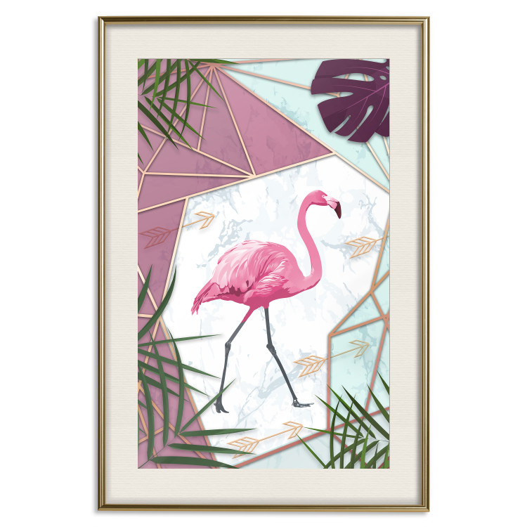 Wall Poster Flamingo Stroll - geometric abstraction with a pink bird and leaves 114441 additionalImage 21