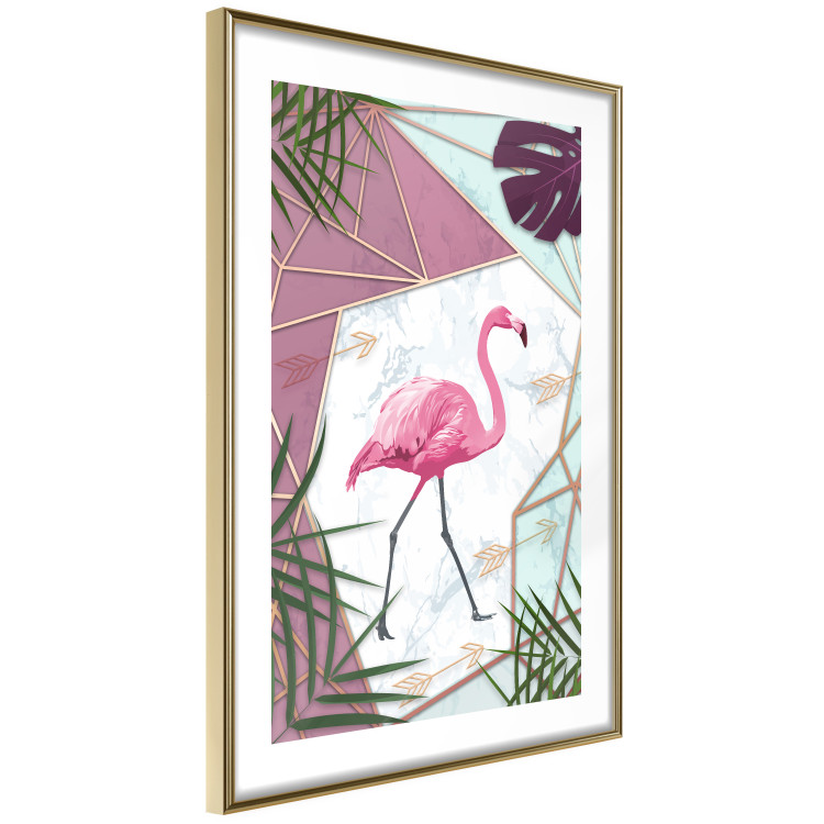 Wall Poster Flamingo Stroll - geometric abstraction with a pink bird and leaves 114441 additionalImage 6