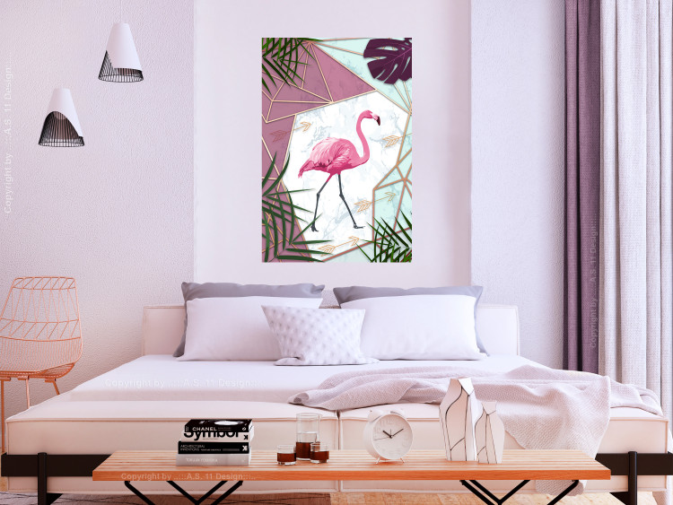 Wall Poster Flamingo Stroll - geometric abstraction with a pink bird and leaves 114441 additionalImage 16