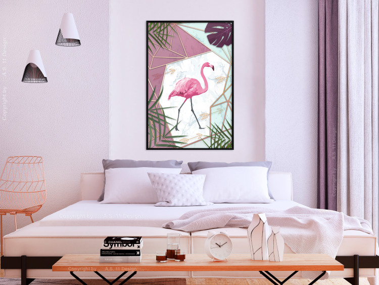 Wall Poster Flamingo Stroll - geometric abstraction with a pink bird and leaves 114441 additionalImage 5