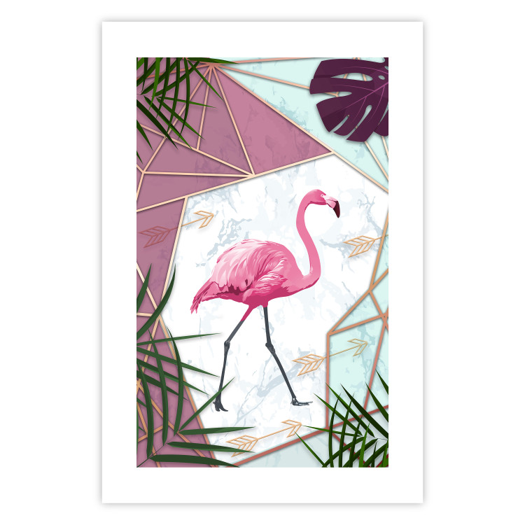 Wall Poster Flamingo Stroll - geometric abstraction with a pink bird and leaves 114441 additionalImage 22