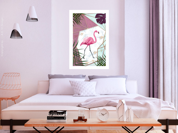 Wall Poster Flamingo Stroll - geometric abstraction with a pink bird and leaves 114441 additionalImage 4