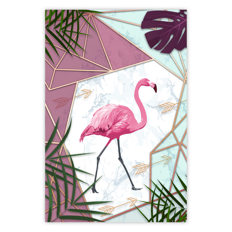 Wall Poster Flamingo Stroll - geometric abstraction with a pink bird and leaves 114441