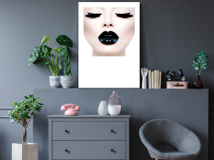 Canvas Art Print Kiss - artwork with a woman with black lips and closed eyes 114941 additionalImage 3