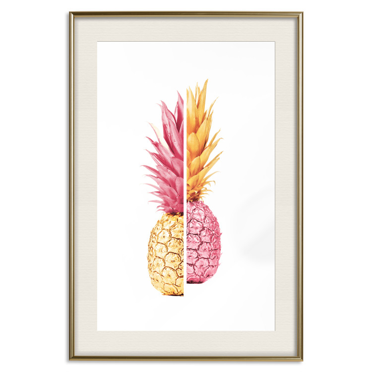 Poster Mismatches - yellow-pink halves of tropical fruits on a white background 116941 additionalImage 20