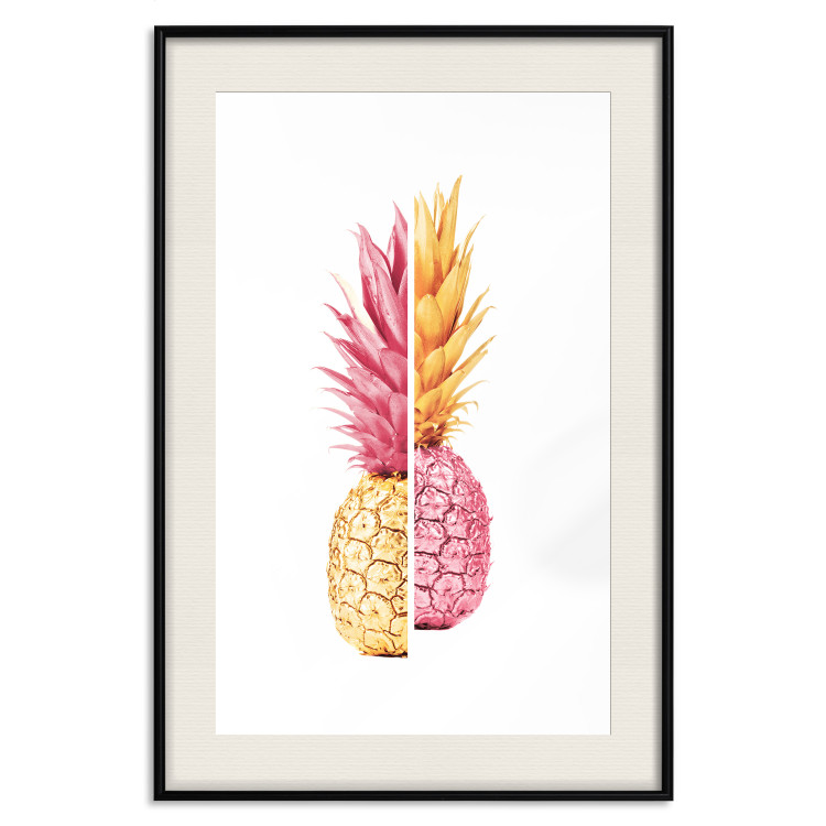 Poster Mismatches - yellow-pink halves of tropical fruits on a white background 116941 additionalImage 19