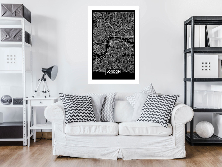 Wall Poster Dark Map of London - black and white composition with English inscriptions 118141 additionalImage 2