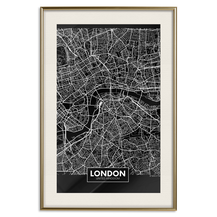 Wall Poster Dark Map of London - black and white composition with English inscriptions 118141 additionalImage 19