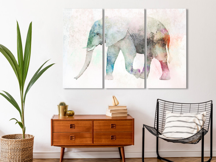 Canvas Art Print Painted Elephant (3-part) - colorful elephant on an uneven beige background 127541 additionalImage 3