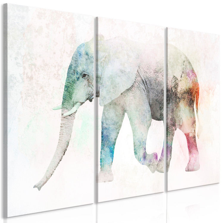 Canvas Art Print Painted Elephant (3-part) - colorful elephant on an uneven beige background 127541 additionalImage 2
