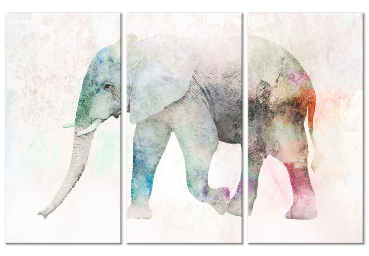 Canvas Art Print Painted Elephant (3-part) - colorful elephant on an uneven beige background 127541