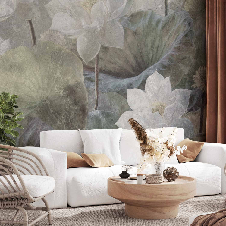Wall Mural Water lotus flowers - retro floral motif landscape with leaves 135741