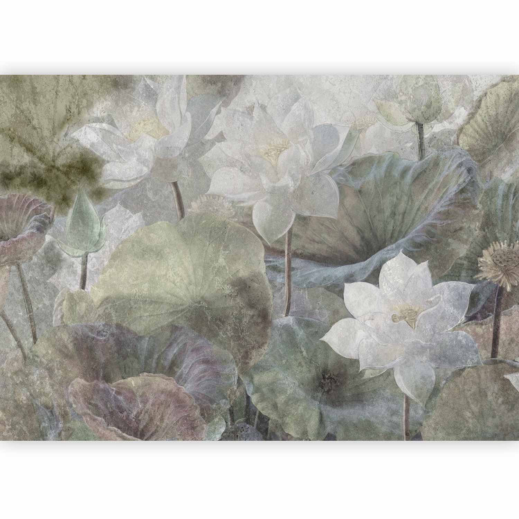Wall Mural Water lotus flowers - retro floral motif landscape with leaves 135741 additionalImage 1