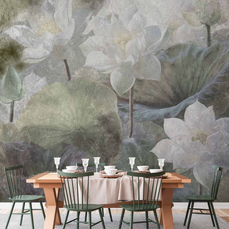 Wall Mural Water lotus flowers - retro floral motif landscape with leaves 135741 additionalImage 4