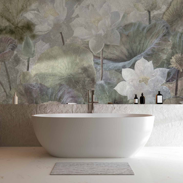 Wall Mural Water lotus flowers - retro floral motif landscape with leaves 135741 additionalImage 8