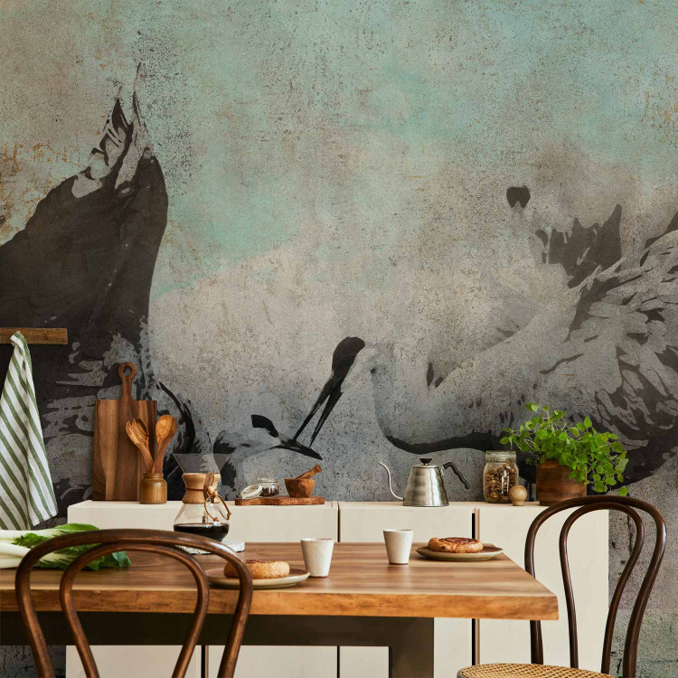 Wall Mural A pair of cranes - dancing birds on a gray background 138841 additionalImage 6