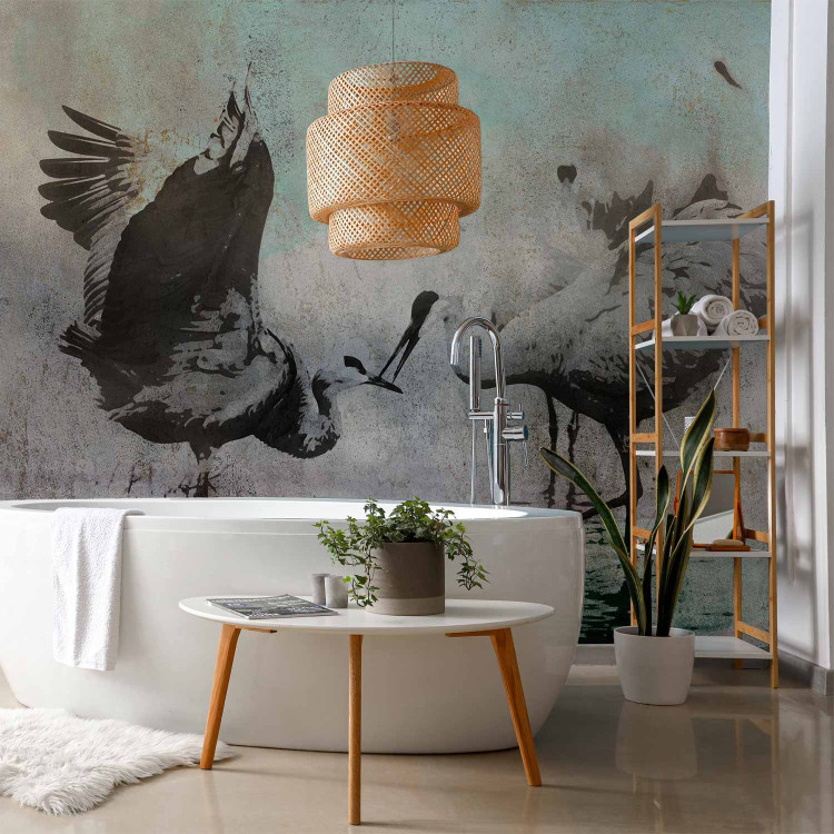 Wall Mural A pair of cranes - dancing birds on a gray background 138841 additionalImage 8