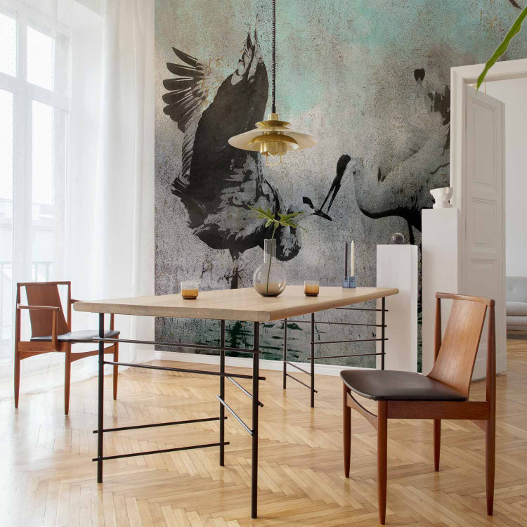 Wall Mural A pair of cranes - dancing birds on a gray background 138841 additionalImage 7