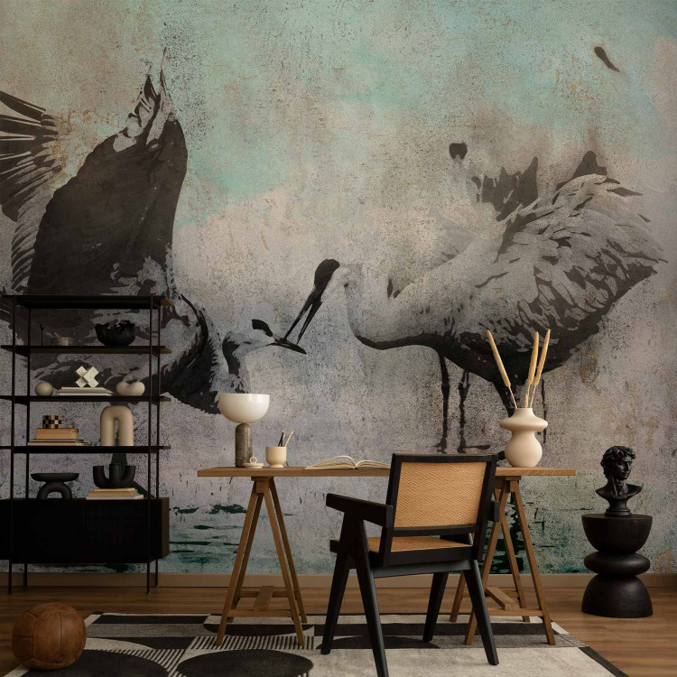 Wall Mural A pair of cranes - dancing birds on a gray background 138841 additionalImage 4