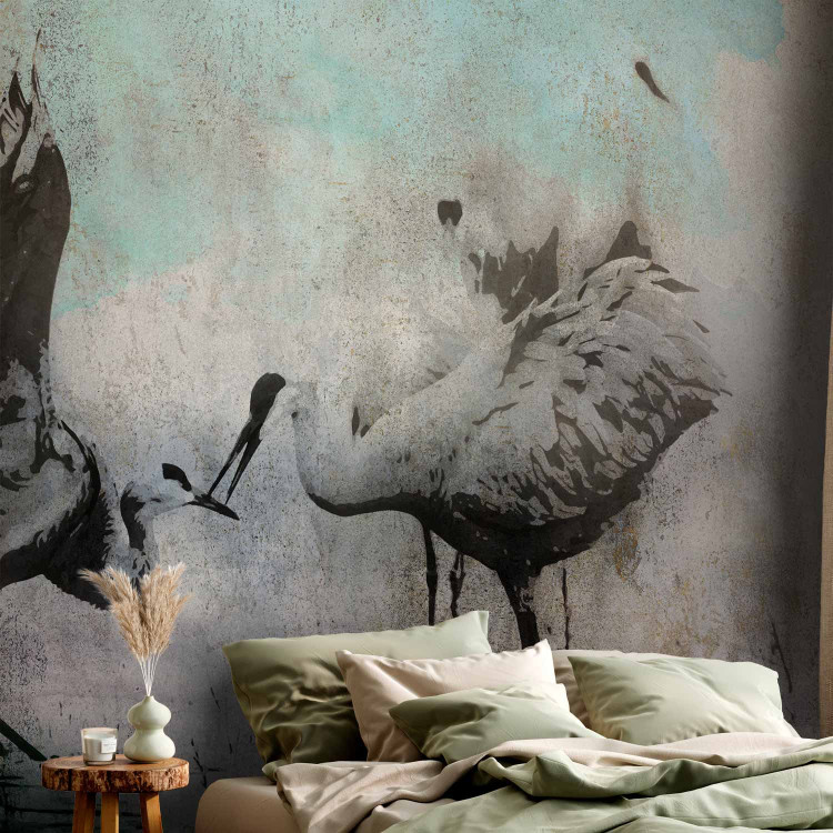 Wall Mural A pair of cranes - dancing birds on a gray background 138841 additionalImage 2