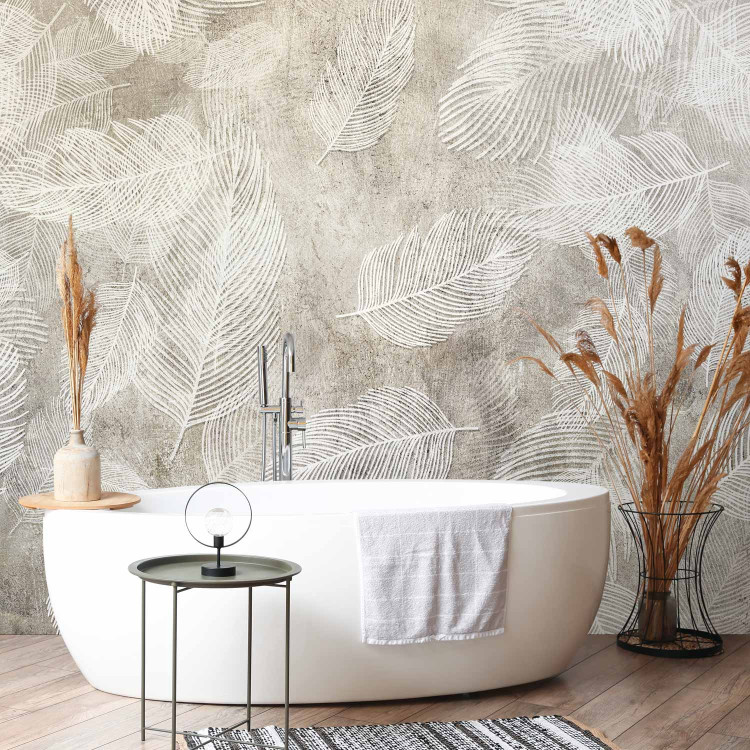 Wall Mural White Feathers - Bright Composition on a Raw Concrete Background 148541 additionalImage 8