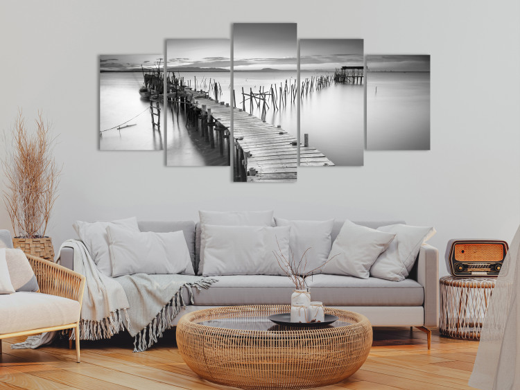 Canvas Print Bridge on the Lake - Black and White Landscape With Water Against the Background of the Sunset 151841 additionalImage 3