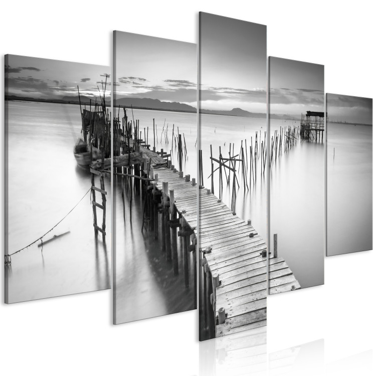Canvas Print Bridge on the Lake - Black and White Landscape With Water Against the Background of the Sunset 151841 additionalImage 2